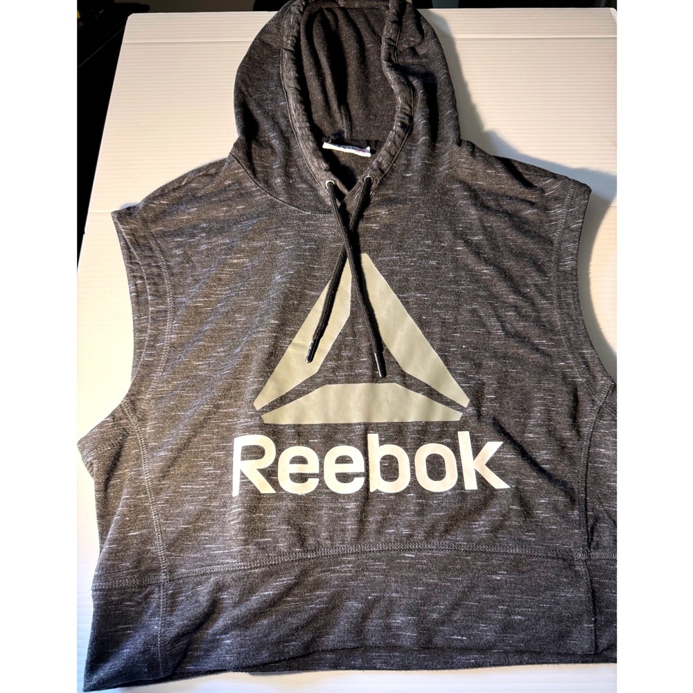 Reebok Womens Sleeveless Hoodie Gray Space Dye Cropped Muscle Tank Logo Top